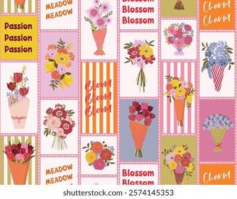 Modern Colorful and bright  seamless pattern Flower Bouquet , Botanical  leaves  Vector illustration Not Ai, Design for fashion , fabric, textile, wallpaper , wrapping and all prints