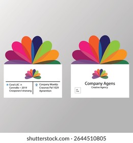 A modern and colorful business card template designed for creative agencies and professionals, featuring a vibrant abstract logo and clean layout.

