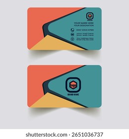 Um design de modelo de cartão de visita moderno e colorido com um esquema de cores azul-petróleo, laranja e amarelo. Apresenta um logotipo, nome de marca e texto de espaço reservado para informações de contato.