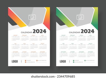 Modern colorful business wall calendar 2024 template design. Print Ready One Page wall calendar template design for 2024. Week starts on Sunday