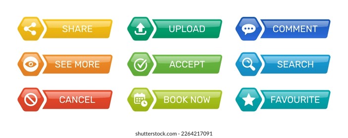 Modern and colorful buttons set. Share, search, accept, upload, comment, favorite, cancel, see more and book now. Collection of trendy web design button.