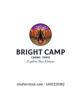 Modern and colorful camp logo design with tent and bonfire illustration