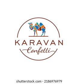 Modern Colorful Caravan Logo Design Vector. Luxury Camel Silhouette for Confetti Store Sign. Playful Camel Icon