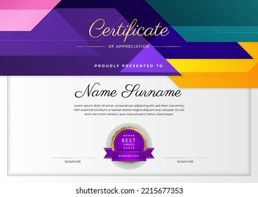 Modern colorful certificate of achievement border template with luxury badge and modern line pattern. For award, business, appreciation, and education needs