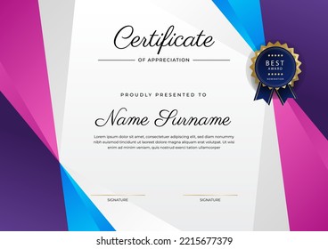 Modern colorful certificate of achievement border template with luxury badge and modern line pattern. For award, business, appreciation, and education needs