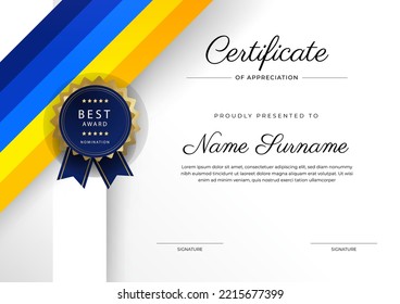 Modern colorful certificate of achievement border template with luxury badge and modern line pattern. For award, business, appreciation, and education needs