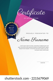 Modern colorful certificate of achievement border template with luxury badge and modern line pattern. For award, business, appreciation, and education needs