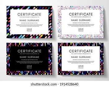 Modern colorful certificate frame design set with circular dots and vertical rainbow lines. Creative multi colored pattern on black and white color background for diploma template, party poster, menu - Powered by Shutterstock - Get 15% off with code: PIKWIZARD15