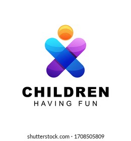 modern colorful children logo, people, human. kids logo reaching achievement design vector template