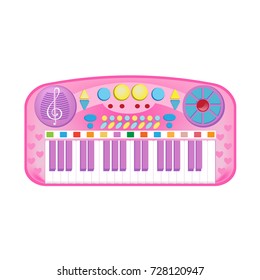 Modern colorful children's toys. Toy store, kindergarten, home kids games. Educational and sports games. Beautiful musical synthesizer with lot of different keys and functions. Vector illustration.