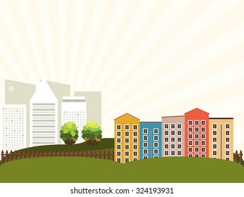 Modern Colorful City, Skylines And Rays Of Light Background