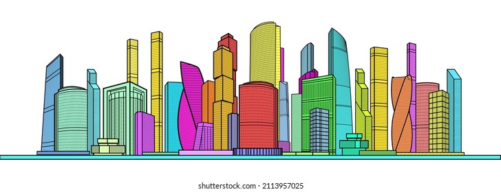 Modern colorful city. Urban town complex. Business center. Citycape futuristic pamorama. Infrastructure skyline outlines illustration. Vector design art