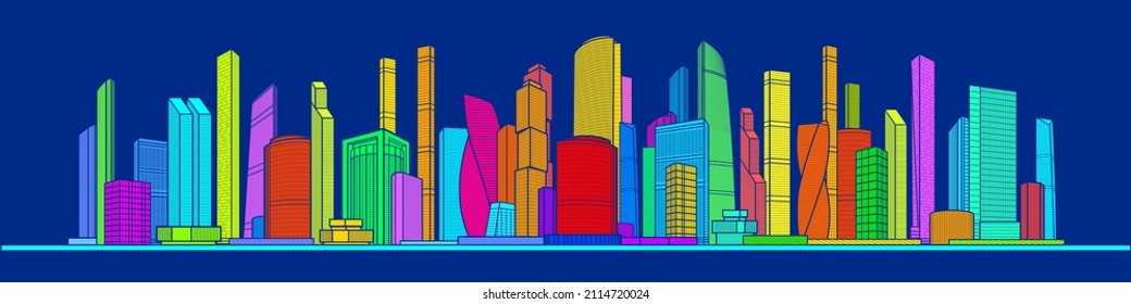 Modern colorful city. Urban town complex. Business center. Citycape futuristic pamorama. Infrastructure skyline outlines illustration. Vector design art