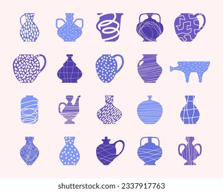 Modern, colorful collection of ceramics. Jars, vases and bowls in vector flat style. Silhouette pots with simple line and dot patterns in doodle style. Cartoon cute vases for design