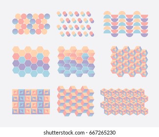 Modern colorful collection of geometric pattern blocks in orange, pink, purple and blue color hues