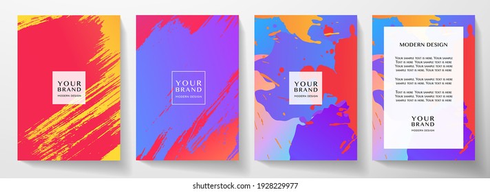 Modern colorful cover design set. Creative abstract art pattern with rainbow brush stroke, paint drop (spot) on bright background. Multicolor artistic vector collection for flyer, red poster template