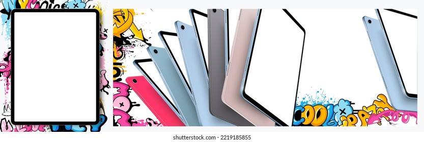 Modern colorful covers product template  presentation on tablet in graffiti style. Isolated new gadgets tablets in different positions. Mockup generic. Colorful cute graffiti frame, poster or poster