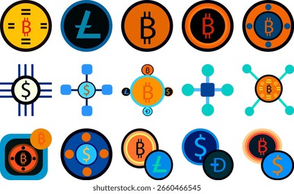 Conjunto de iconos de criptomonedas de colores modernos Bitcoin, Ethereum, Litecoin, Blockchain, Dollar