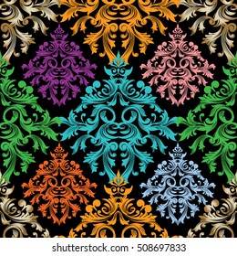 Modern colorful damask baroque seamless pattern.Floral ornament with vintage decorative antique 3d damask flowers  leaves  ornaments..Vector flourish damask background. Colorful damask wallpaper.