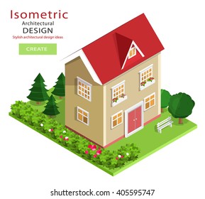 Modern colorful detailed isometric building isolated. Graphic 3d vector house with green yard.
