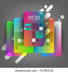 Modern, colorful device (mobile phone, phablet, tablet, gadget) screens mockup. Mockup for your UX, UI design or mobile applications on gray background with diagonal lines. Vector illustration