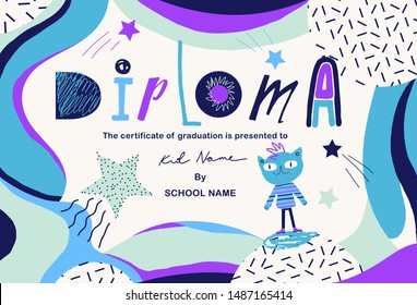 Modern colorful Diploma template for kids. Vector illustration.