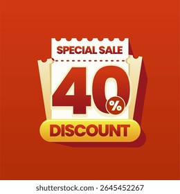 Modern and colorful discount banner with a perforated coupon ticket design on vibrant red gradient background. Ideal for ecommerce promotions, flash sales, online marketing ads, and seasonal shopping.