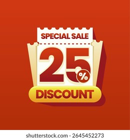 Modern and colorful discount banner with a perforated coupon ticket design on vibrant red gradient background. Ideal for ecommerce promotions, flash sales, online marketing ads, and seasonal shopping.