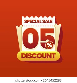 Modern and colorful discount banner with a perforated coupon ticket design on vibrant red gradient background. Ideal for ecommerce promotions, flash sales, online marketing ads, and seasonal shopping.