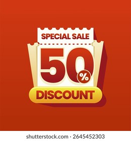 Modern and colorful discount banner with a perforated coupon ticket design on vibrant red gradient background. Ideal for ecommerce promotions, flash sales, online marketing ads, and seasonal shopping.