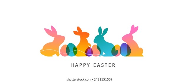 Modern colorful Easter bunnies concept design. Happy Easter background with rabbits and Easter eggs, minimal vector illustration