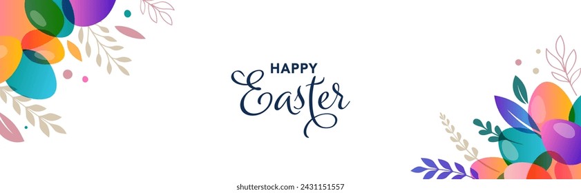 Modern colorful Easter concept design. Happy Easter background with floral elements and Easter eggs, minimal vector illustration