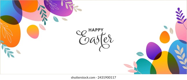 Modern colorful Easter concept design. Happy Easter background with floral elements and Easter eggs, minimal vector illustration