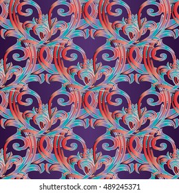 Modern colorful  elegant  floral baroque damask vector seamless pattern background  illustration.with antique medieval vintage decorative baroque 3d flowers and ornaments.