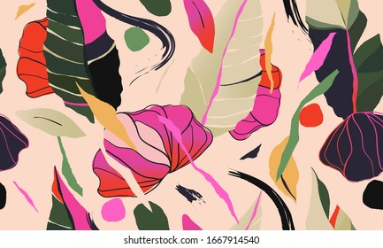 Modern colorful exotic jungle plants illustration pattern. Creative collage contemporary floral seamless pattern. Fashionable template for design.