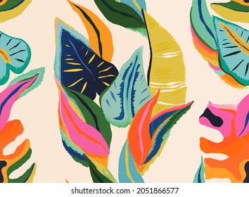 Modern colorful exotic jungle plants pattern. Collage contemporary seamless pattern. Hand drawn cartoon style pattern.