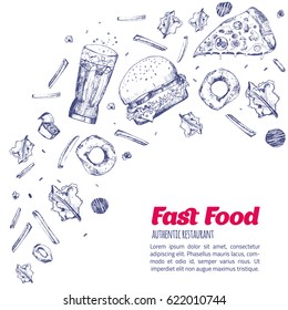 Modern colorful Fast food hand drawn menu banner. Template design for restaurant, cafe with pizza slice, burger, hot dog, drinks and other items.