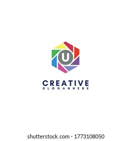 modern colorful flat hexagon U logotype design concept.