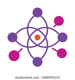 Ein modernes und farbenfrohes flaches Symbol, das ein Atom, Molekül oder eine Netzwerkverbindung darstellt. Dieses abstrakte Symbol eignet sich perfekt für Wissenschafts-, Technologie- und Geschäftskommunikationskonzepte.
