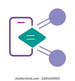 Un icono plano moderno y colorido que representa el uso compartido móvil, la transferencia de datos o la conexión de red desde un teléfono inteligente. Aislado en un fondo blanco.
