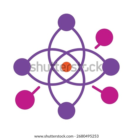 A modern and colorful flat icon representing an atom, molecule, or network connection. This abstract symbol is perfect for science, technology, and business communication concepts.
