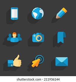 Modern colorful flat social icons set on Dark Background