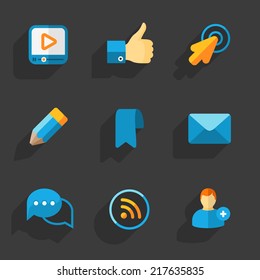 Modern colorful flat social icons set on Dark Background