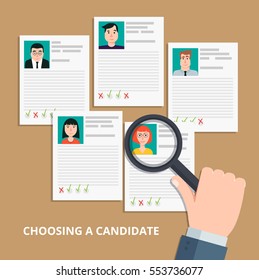 Modern colorful flat style vector illustration. HR manager looking through a magnifying glass on job candidates.Searching professional staff, analyzing personnel resume, recruitment.