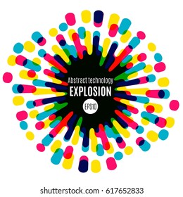 Modern colorful flat sun. Fun liquid circle explosion with drops and squirts. Vector illustration