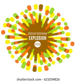 Modern colorful flat sun. Fun liquid circle explosion with drops and squirts. Vector illustration
