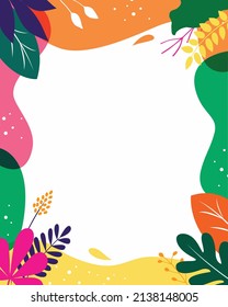 Modern Colorful Floral Frame For Banner, Background, Flyer, Poster And Instagram Feed Decorated With Leaves And Branches.