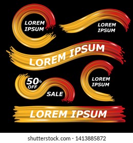 Modern colorful flow on black background. Wave Liquid shape. Set dynamic elements design. Abstract brush stroke, paint splash, splatter, colorful curl, vivid ribbon. Vector illustration.