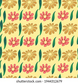 Modern colorful flower and leaf pattern on yellow background, fabric print, textile, wallpaper