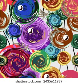 Modern colorful flowers, hand drawn, seamless, on a light background. Designed for fabric, textiles, wallpaper, gift wrap.